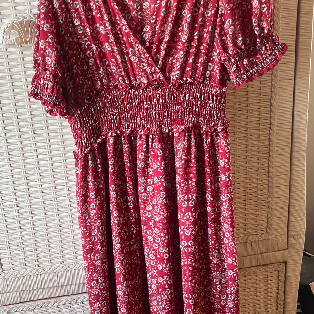 Max Studio Red and Pink Smocked Wrap Midi Dress